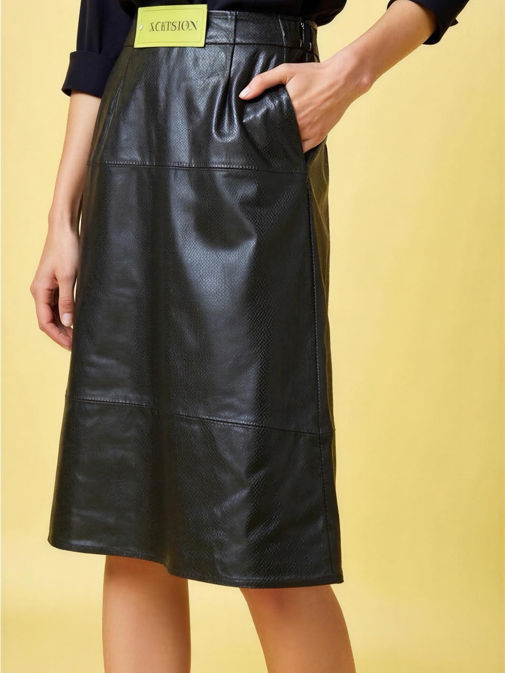 Sleek Black Faux Leather A-Line Midi Skirt